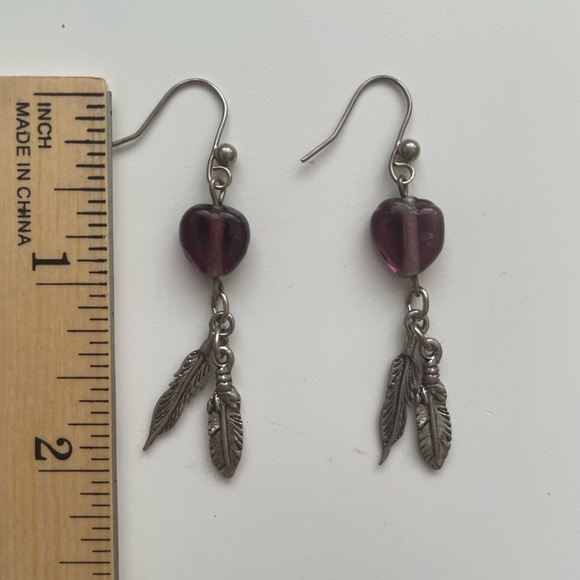 Purple Heart Feather Earrings - Picture 2 of 2